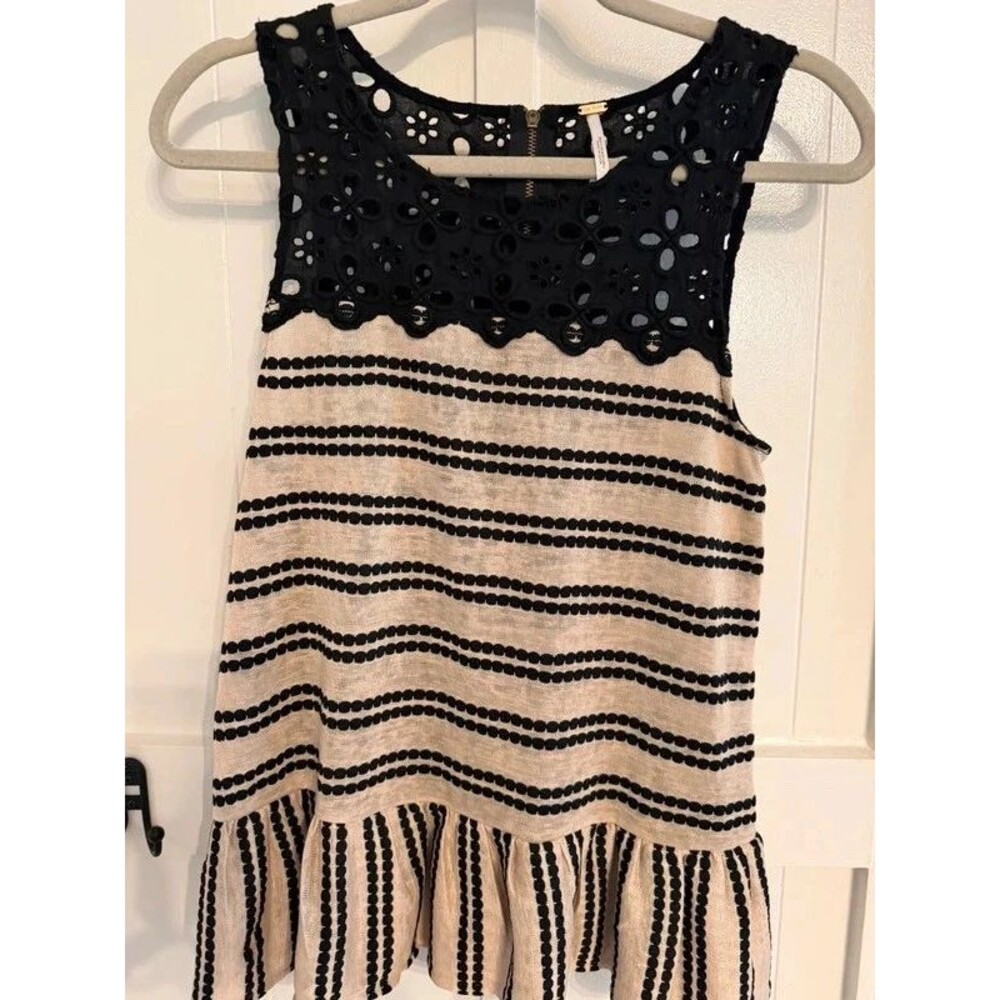 Free People XS Black & Cream Eyelet Lace Striped Peplum Tank Top